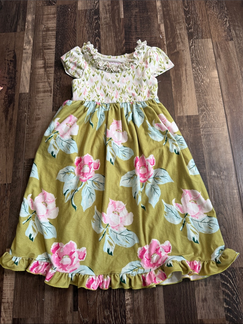 SweetHoney Pink & Olive Green Floral Ruffle Dress